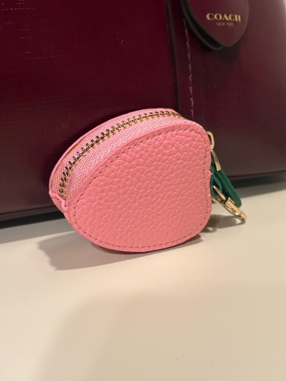 Pink Strawberry Coin Purse Keychain with Green Leaf Accent - Picture 3 of 3